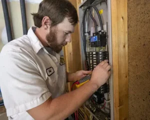 Five Star Services electrician Cody performing an electrical panel upgrade in Richmond, VA, ensuring safe and efficient power distribution.