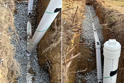 Close-up images showing the installation of a new sewer line with gravel bedding in a trench at a residential property in Richmond, VA.