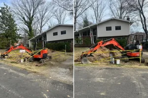 Side-by-side images showing excavators actively working on a sewer line replacement project at a residential property in Richmond, VA.