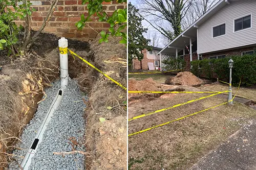 Side-by-side images showing the installation process of a sewer line replacement, including exposed trenches and newly installed piping in Richmond, VA.