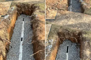 Before and after images of a sewer line replacement project completed by Five Star Services in Richmond, VA.